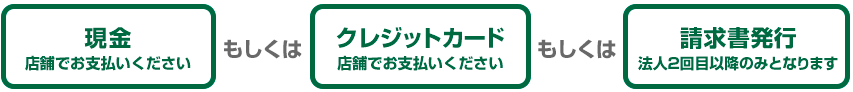 現金もしくはクレジットカードもしくは請求書発行（法人の2回目以降限定となります）