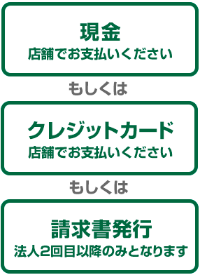 現金もしくはクレジットカードもしくは請求書発行（法人の2回目以降限定となります）